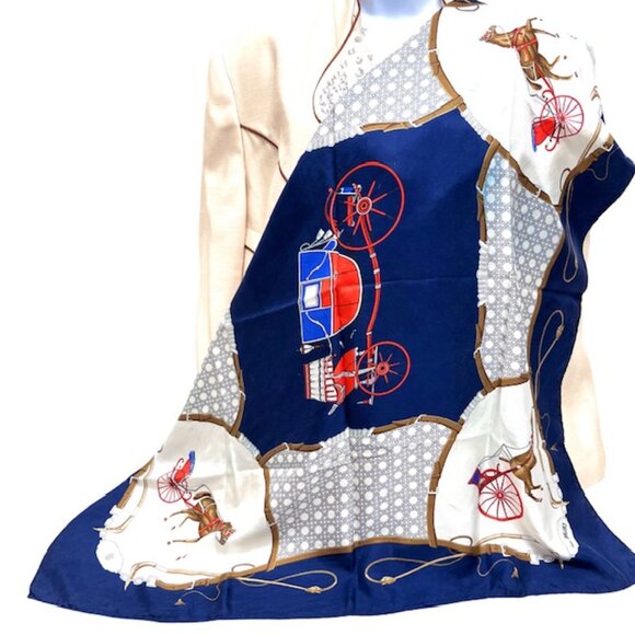 Vgt Celine Paris 100% Silk Scarf Satin 34"   ivery blue horse carriage (43 - Picture 5 of 12